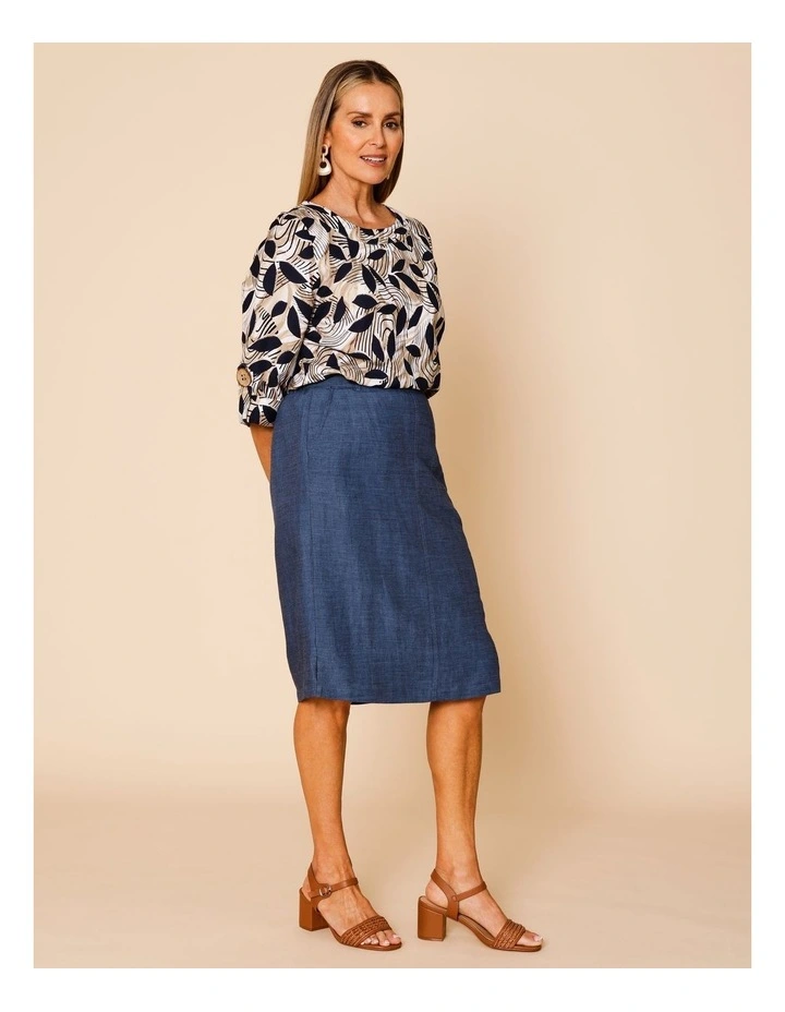 Elastic Back Knee Length Skirt In Navy Crossdye image 2