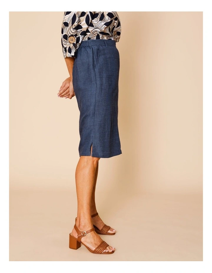 Elastic Back Knee Length Skirt In Navy Crossdye image 3