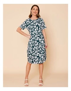 Short Sleeve Knit Dress With Darted Hem And Pockets In Teal/White Abstract Print