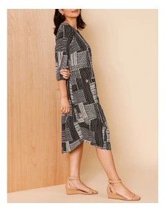 3/4 Sleeve Asymmetric Dress With Side Pockets In Black/Neutral Line Print