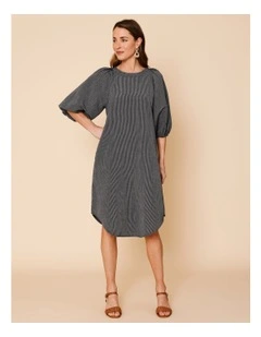 3/4 Sleeve Asymmetric Dress With Side Pockets In Black/Neutral Line Print