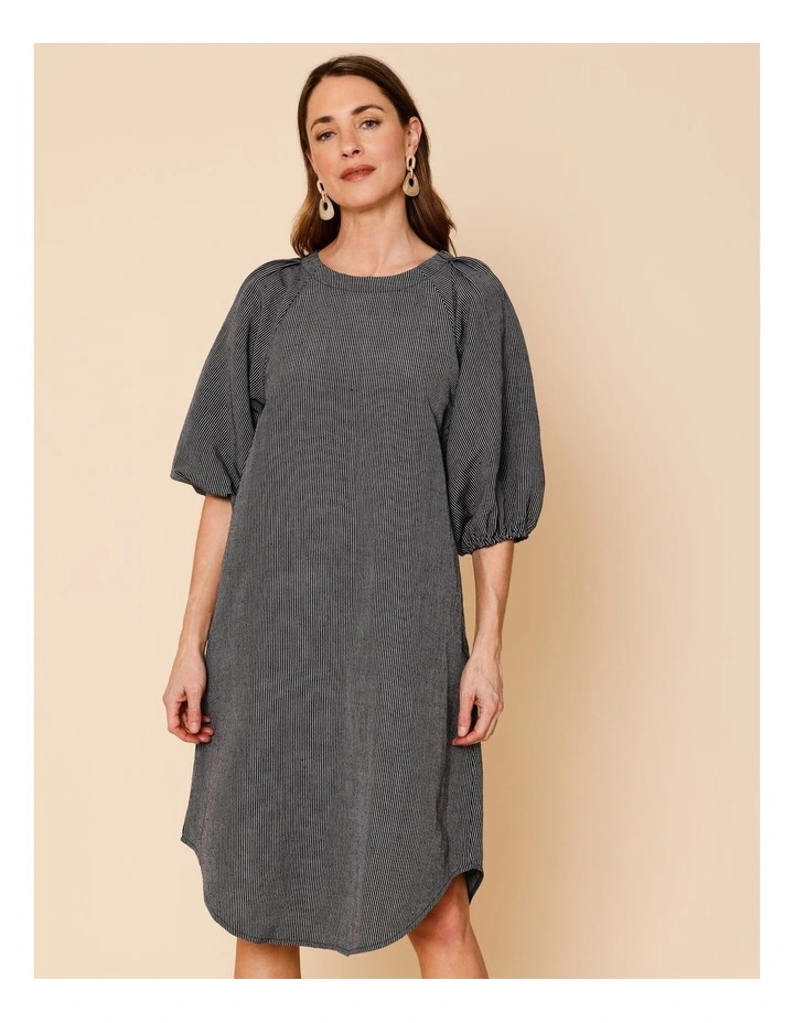 3/4 Sleeve Asymmetric Dress With Side Pockets In Black/Neutral Line Print image 5