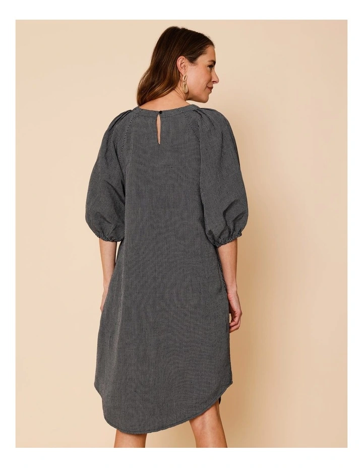3/4 Sleeve Asymmetric Dress With Side Pockets In Black/Neutral Line Print image 6