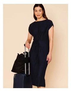 Cap Sleeve Plisse Dress In Navy