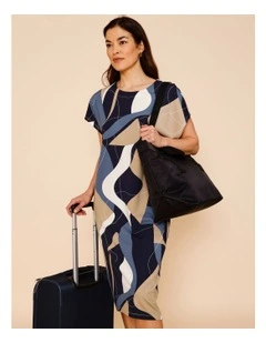 SHORT SEEVE KNIT DRESS WITH POCKETS-BLUE/NATURAL/WHITE ABSTRACT PRINT