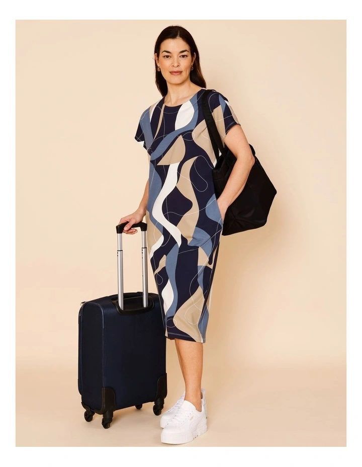 SHORT SEEVE KNIT DRESS WITH POCKETS-BLUE/NATURAL/WHITE ABSTRACT PRINT image 2