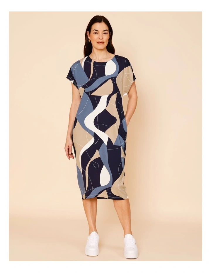 SHORT SEEVE KNIT DRESS WITH POCKETS-BLUE/NATURAL/WHITE ABSTRACT PRINT image 4