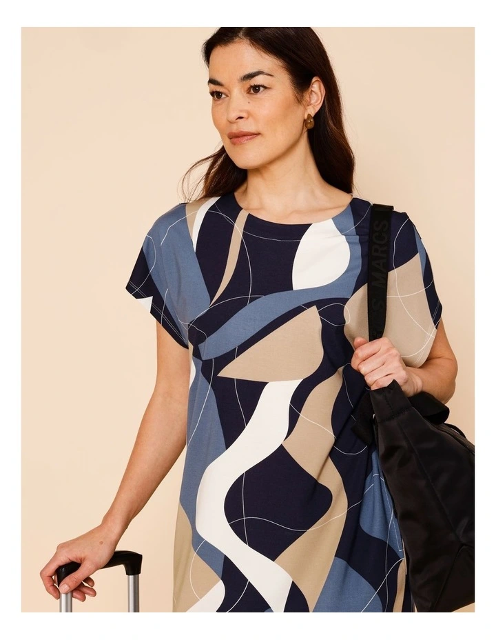 SHORT SEEVE KNIT DRESS WITH POCKETS-BLUE/NATURAL/WHITE ABSTRACT PRINT image 5