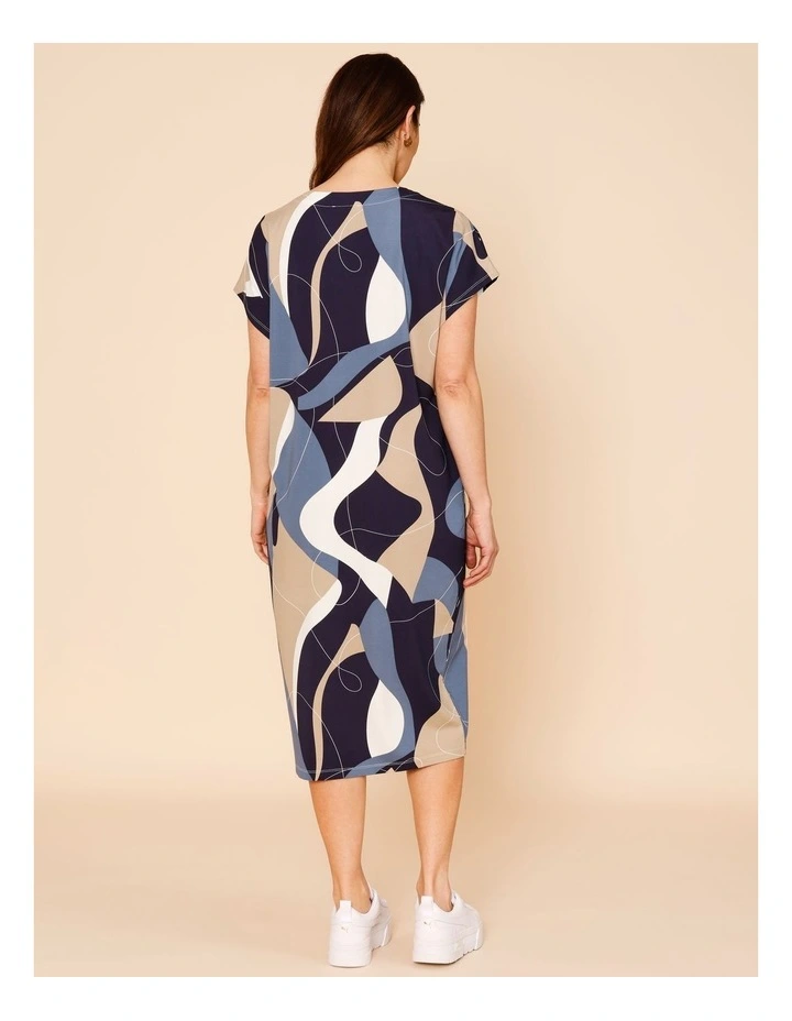 SHORT SEEVE KNIT DRESS WITH POCKETS-BLUE/NATURAL/WHITE ABSTRACT PRINT image 6