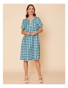 Short Sleeve Dress With Pockets And Pleat Side Waist In Teals Watercolour Gingham