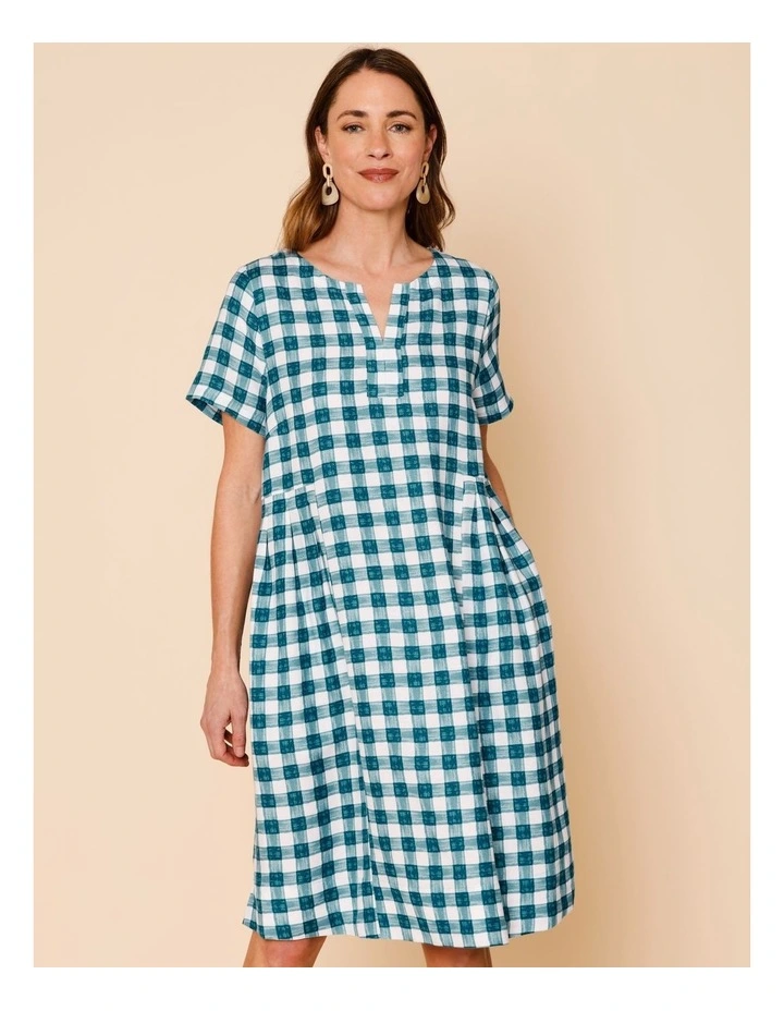 Short Sleeve Dress With Pockets And Pleat Side Waist In Teals Watercolour Gingham image 2