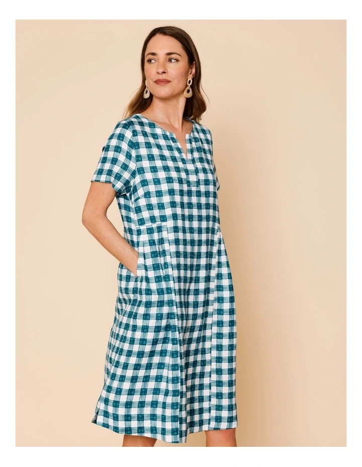 Short Sleeve Dress With Pockets And Pleat Side Waist In Teals Watercolour Gingham image 3
