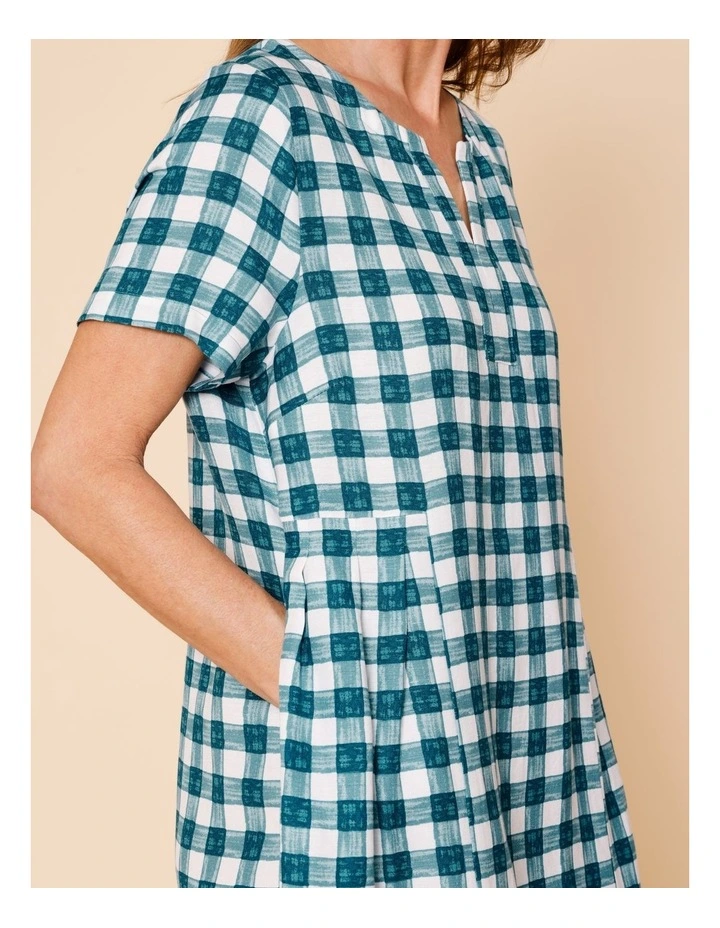 Short Sleeve Dress With Pockets And Pleat Side Waist In Teals Watercolour Gingham image 4