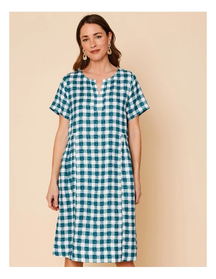 Short Sleeve Dress With Pockets And Pleat Side Waist In Teals Watercolour Gingham image 5