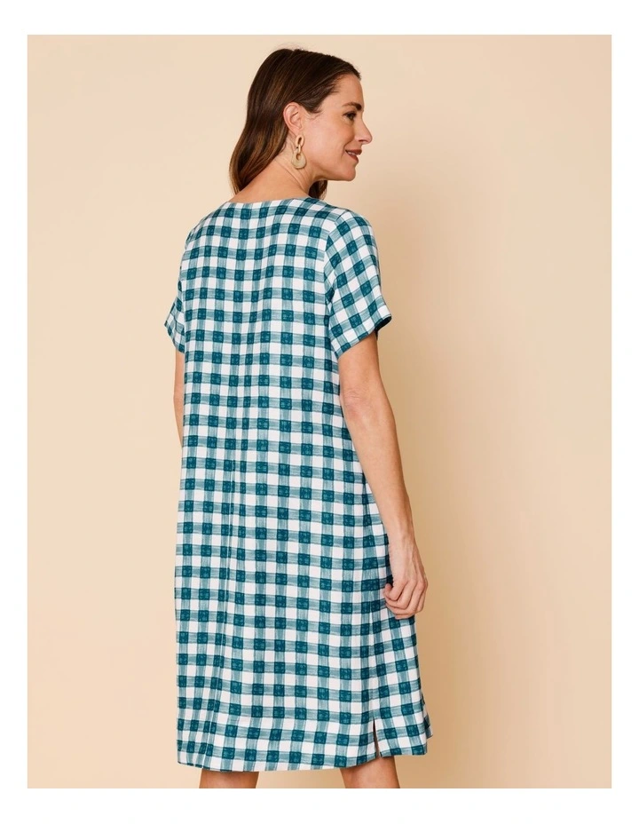 Short Sleeve Dress With Pockets And Pleat Side Waist In Teals Watercolour Gingham image 6