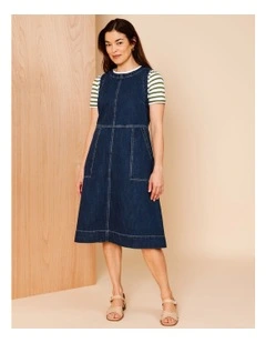 Sleeveless Denim Pinafore With Waist And Patch Pockets In Indigo