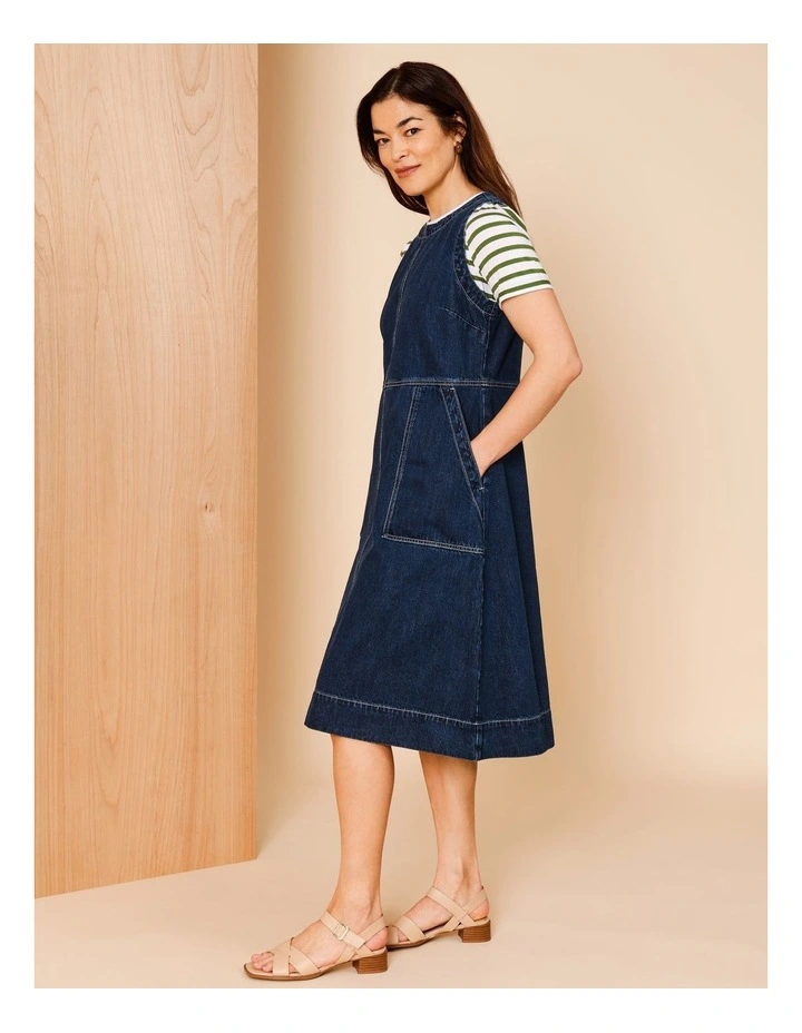 Sleeveless Denim Pinafore With Waist And Patch Pockets In Indigo image 2