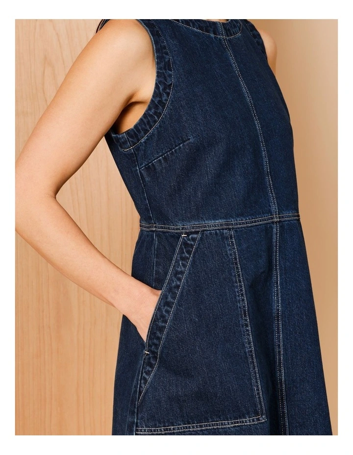Sleeveless Denim Pinafore With Waist And Patch Pockets In Indigo image 5