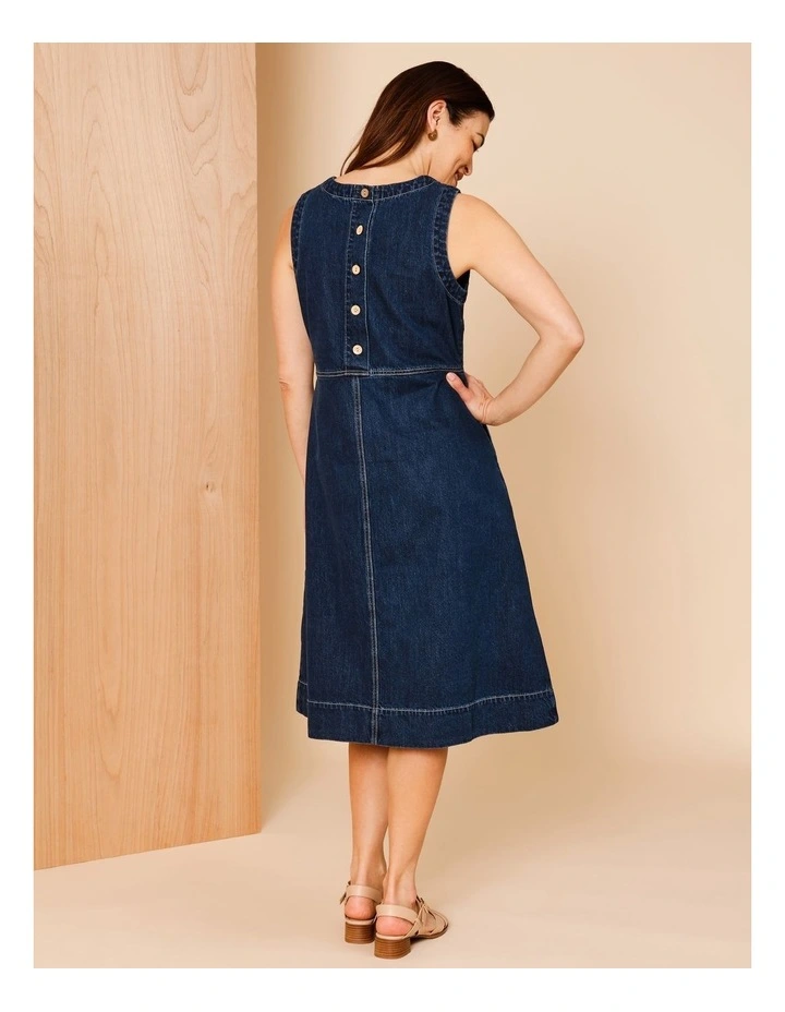 Sleeveless Denim Pinafore With Waist And Patch Pockets In Indigo image 6