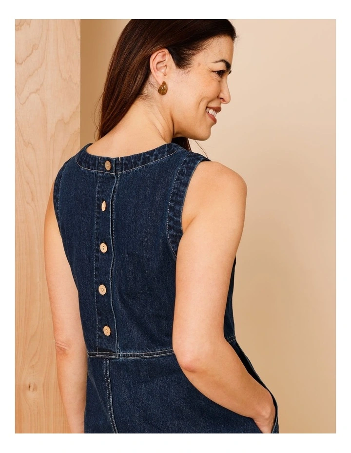 Sleeveless Denim Pinafore With Waist And Patch Pockets In Indigo image 7
