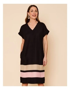 V Neck Extended Sleeve Dress With Spliced Contrast Hem And Pockets In Black/Neutral/Pink
