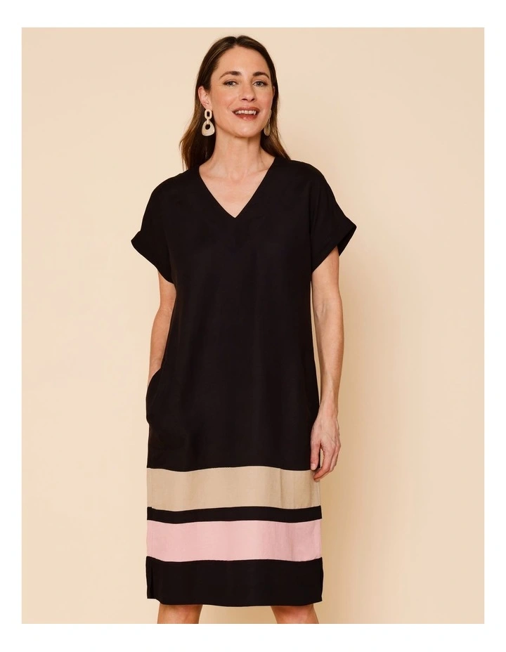 V Neck Extended Sleeve Dress With Spliced Contrast Hem And Pockets In Black/Neutral/Pink image 1