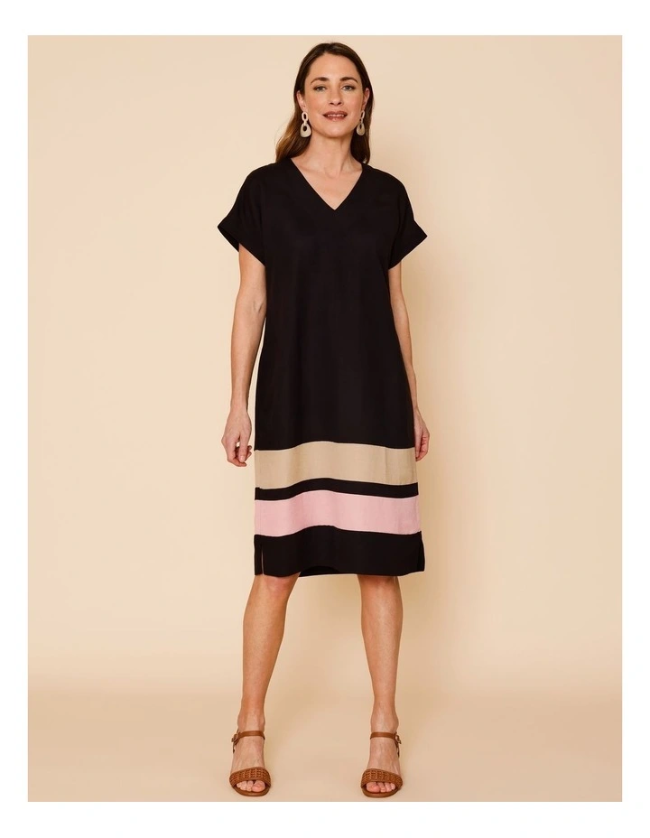 V Neck Extended Sleeve Dress With Spliced Contrast Hem And Pockets In Black/Neutral/Pink image 2