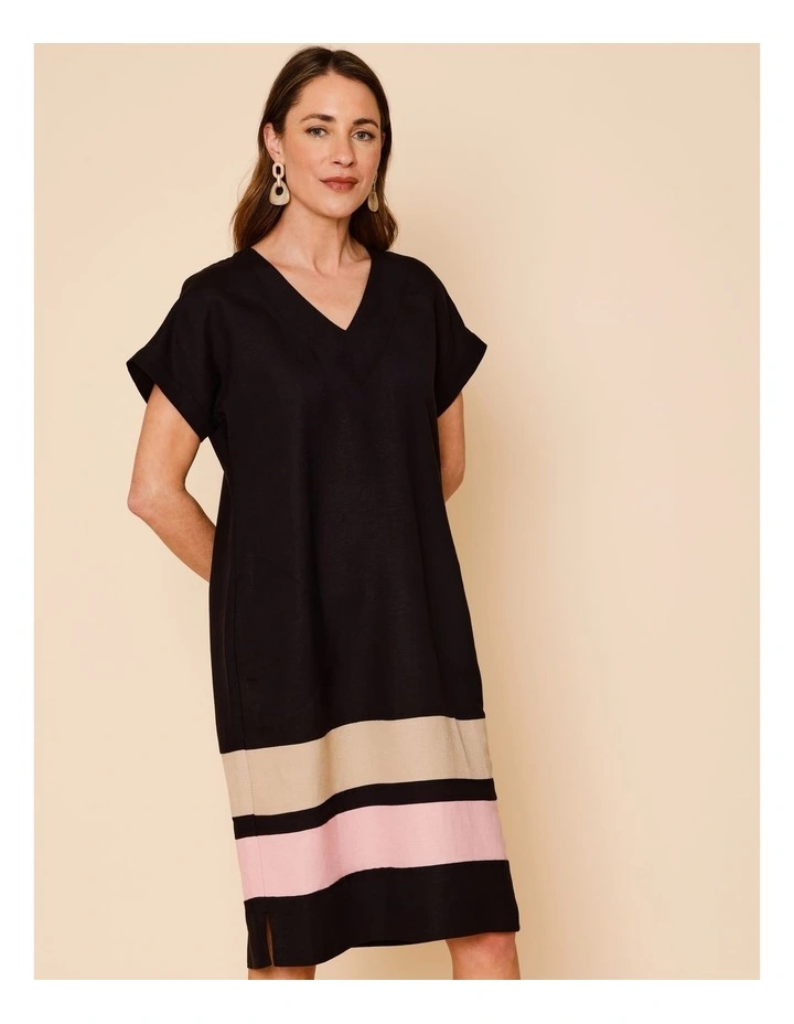 V Neck Extended Sleeve Dress With Spliced Contrast Hem And Pockets In Black/Neutral/Pink image 3