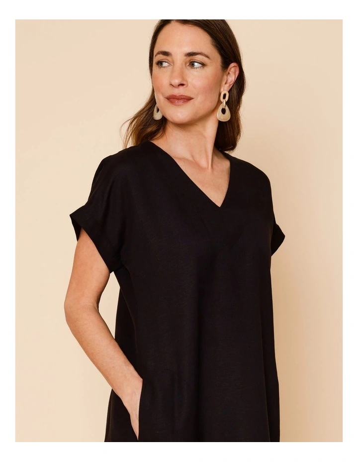 V Neck Extended Sleeve Dress With Spliced Contrast Hem And Pockets In Black/Neutral/Pink image 4