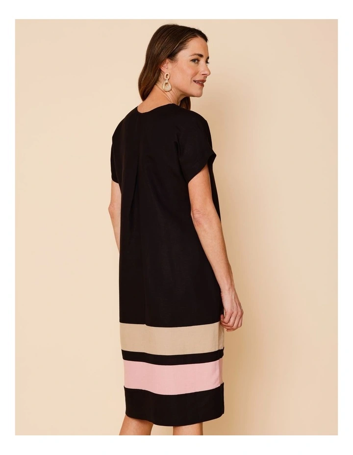 V Neck Extended Sleeve Dress With Spliced Contrast Hem And Pockets In Black/Neutral/Pink image 6