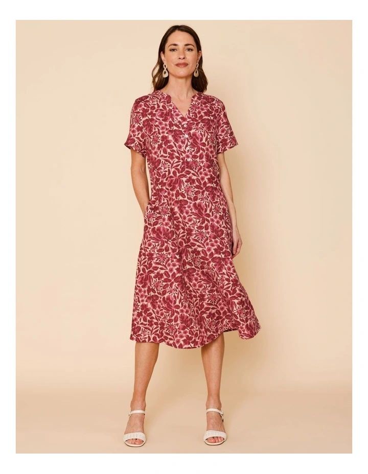Short Sleeve Princess Seam Dress With Pockets In Burgundy/Pinks Floral image 1