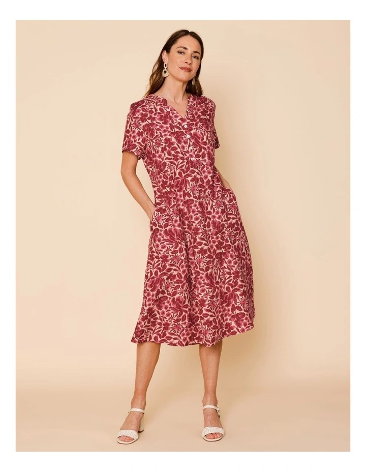 Short Sleeve Princess Seam Dress With Pockets In Burgundy/Pinks Floral image 3