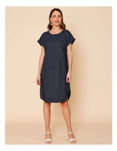 Extended Sleeve Dress With Curved Hem And Pockets In Denim Stripe