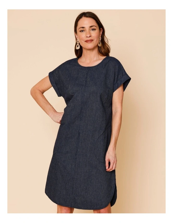 Extended Sleeve Dress With Curved Hem And Pockets In Denim Stripe image 2