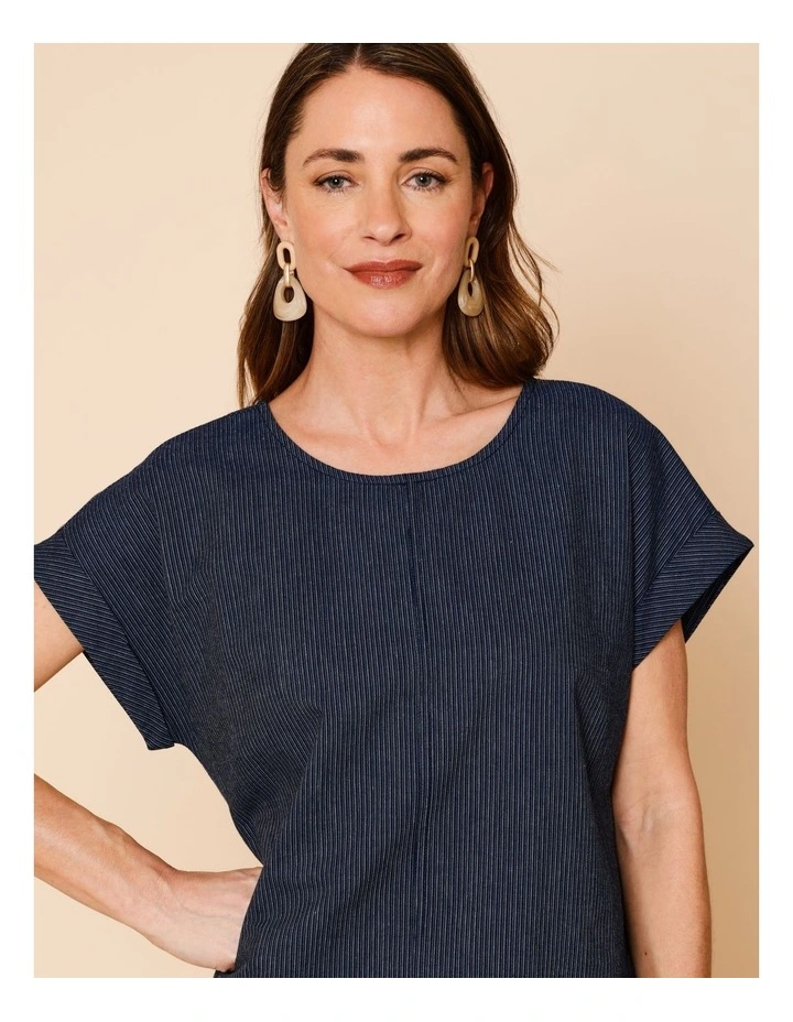 Extended Sleeve Dress With Curved Hem And Pockets In Denim Stripe image 3