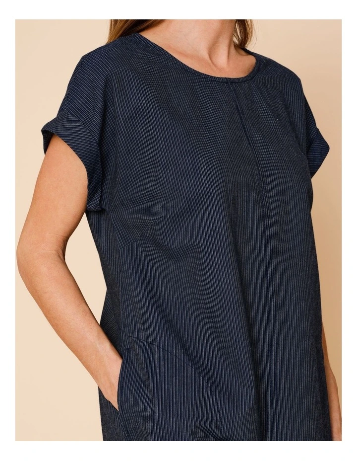 Extended Sleeve Dress With Curved Hem And Pockets In Denim Stripe image 4