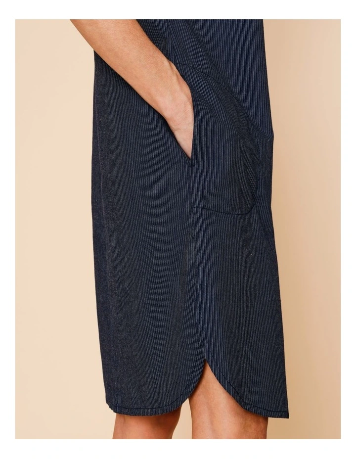 Extended Sleeve Dress With Curved Hem And Pockets In Denim Stripe image 5