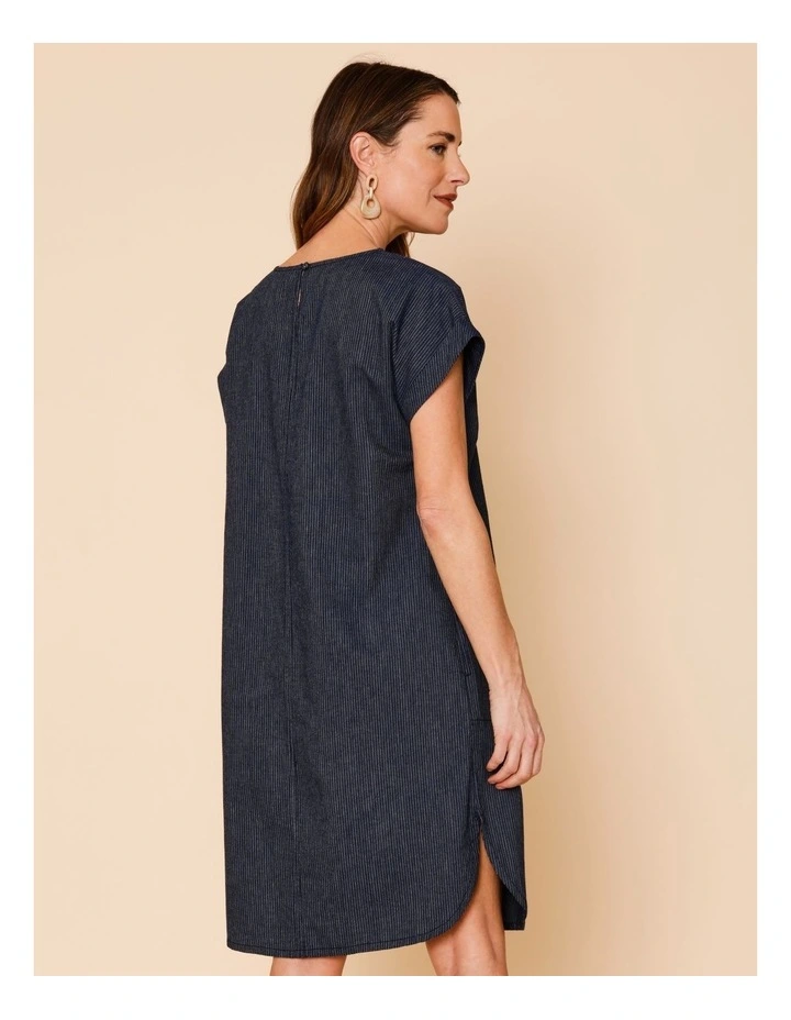 Extended Sleeve Dress With Curved Hem And Pockets In Denim Stripe image 6