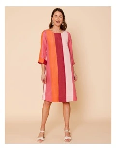3/4 Sleeve Dress With Cuff And Pockets In Pinks/Burgundy Wide Stripe