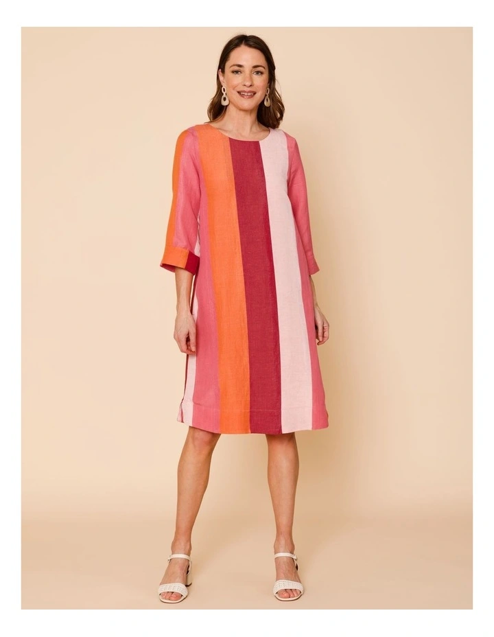 3/4 Sleeve Dress With Cuff And Pockets In Pinks/Burgundy Wide Stripe image 1