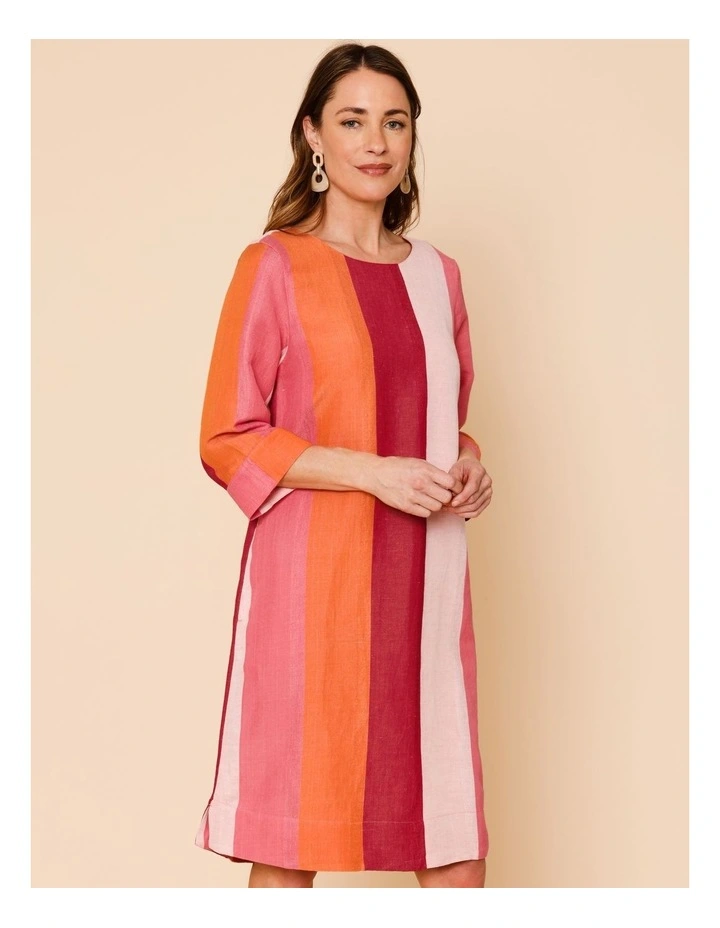 3/4 Sleeve Dress With Cuff And Pockets In Pinks/Burgundy Wide Stripe image 2