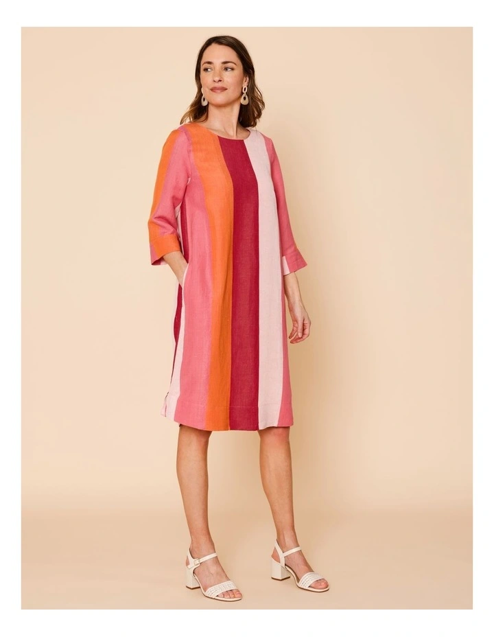 3/4 Sleeve Dress With Cuff And Pockets In Pinks/Burgundy Wide Stripe image 3