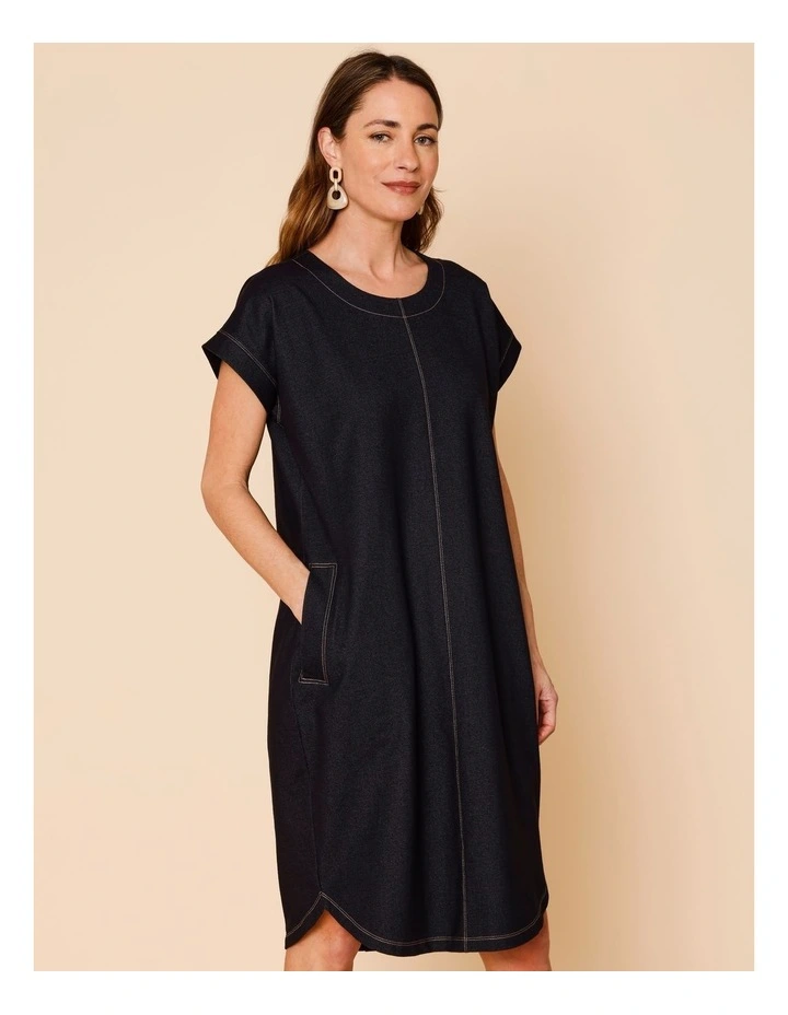 Tee Dress With Pockets Curved Hem In Knit Denim Look Jersey image 1
