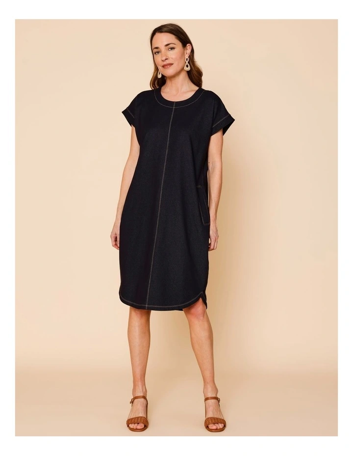 Tee Dress With Pockets Curved Hem In Knit Denim Look Jersey image 2