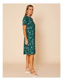 Short Sleeve Spliced Knit Dress With Pockets In Green With Neutral/White Leaf Print