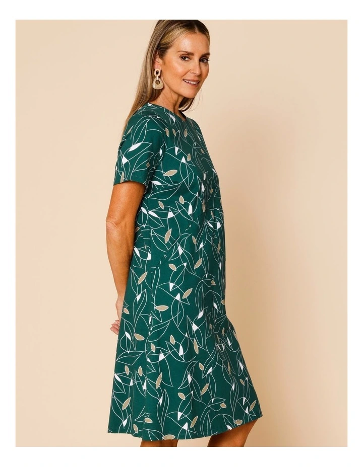 Short Sleeve Spliced Knit Dress With Pockets In Green With Neutral/White Leaf Print image 4