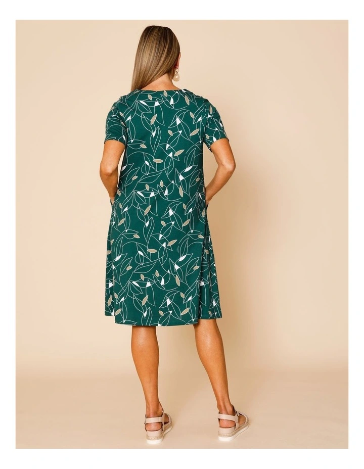 Short Sleeve Spliced Knit Dress With Pockets In Green With Neutral/White Leaf Print image 6