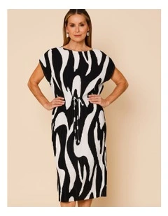 Cap Sleeve Plisse Dress In Black/Ivory Print