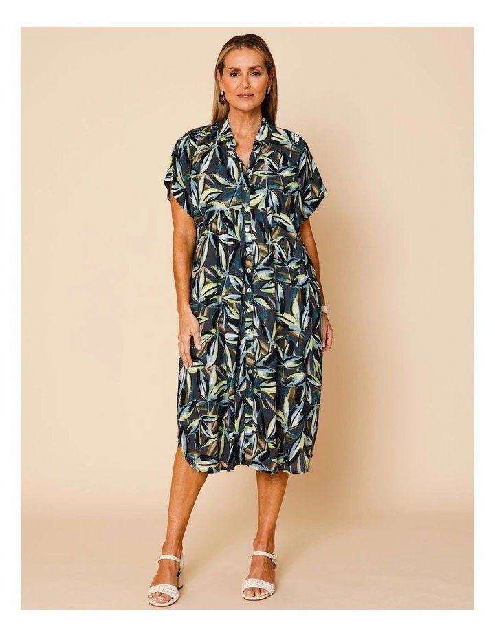 Short Sleeve Shirt Dress With Yoke In Navy Ground Tropical Floral image 1