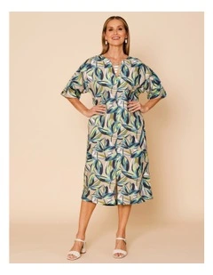 Short Sleeve Notch Neck Dress With Front Split In Neutral Ground Tropical Floral